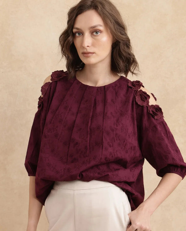 Rareism Women Gips Red Balloon Sleeve Round Neck Hook And Eye Closure Relaxed Fit Plain Top