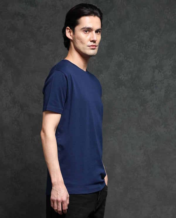 Rare Rabbit Men's Gis-1 Navy Cotton Fabric Crew Neck Half Sleeves Regular Fit Solid T-Shirt