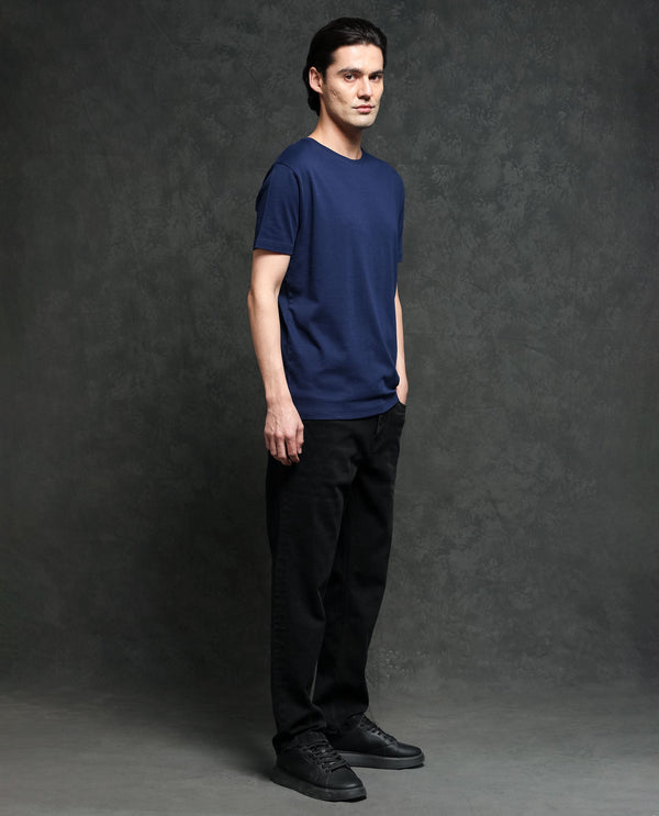 Rare Rabbit Men's Gis-1 Navy Cotton Fabric Crew Neck Half Sleeves Regular Fit Solid T-Shirt
