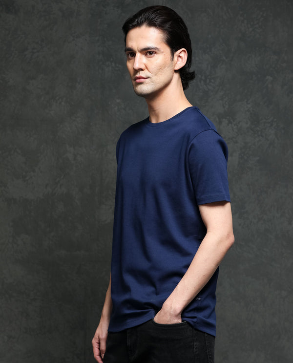 Rare Rabbit Men's Gis-1 Navy Cotton Fabric Crew Neck Half Sleeves Regular Fit Solid T-Shirt