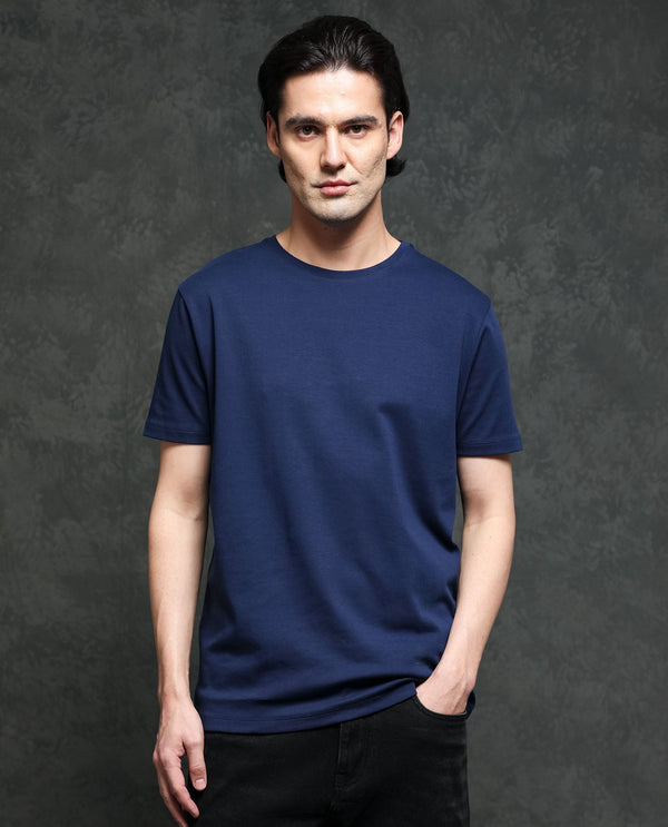 Rare Rabbit Men's Gis-1 Navy Cotton Fabric Crew Neck Half Sleeves Regular Fit Solid T-Shirt