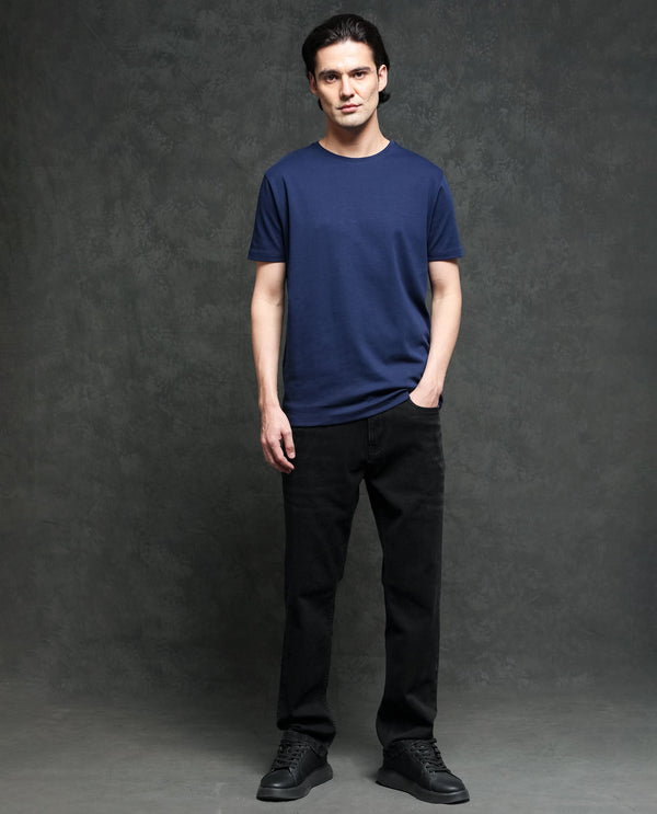 Rare Rabbit Men's Gis-1 Navy Cotton Fabric Crew Neck Half Sleeves Regular Fit Solid T-Shirt