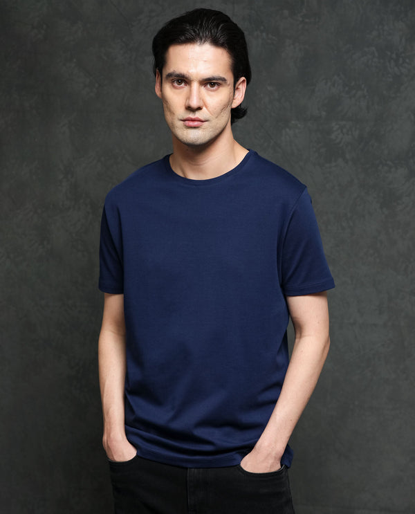 Rare Rabbit Men's Gis-1 Navy Cotton Fabric Crew Neck Half Sleeves Regular Fit Solid T-Shirt