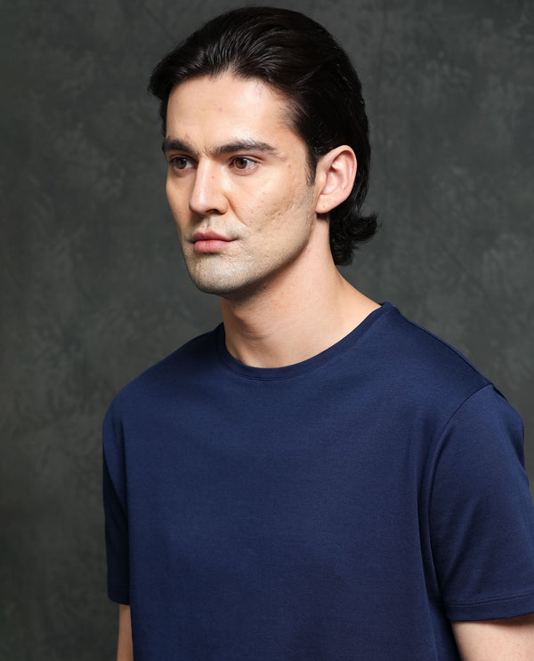 Rare Rabbit Men's Gis-1 Navy Cotton Fabric Crew Neck Half Sleeves Regular Fit Solid T-Shirt