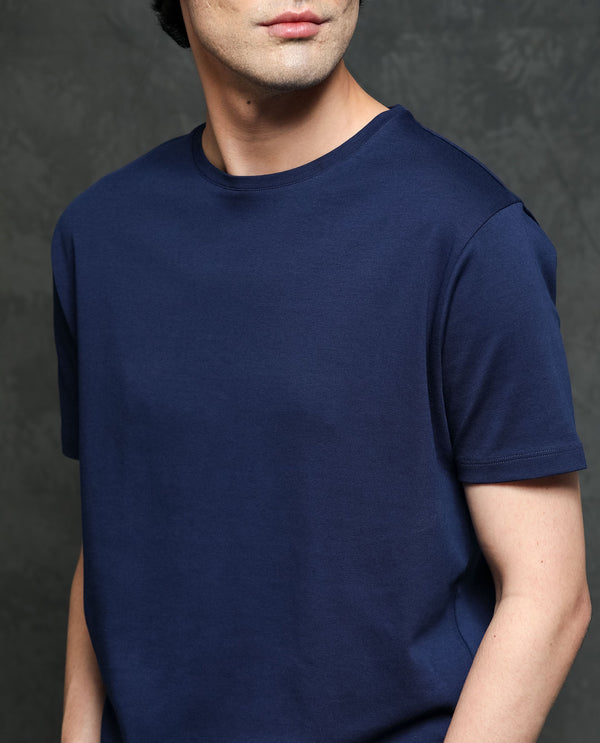 Rare Rabbit Men's Gis-1 Navy Cotton Fabric Crew Neck Half Sleeves Regular Fit Solid T-Shirt
