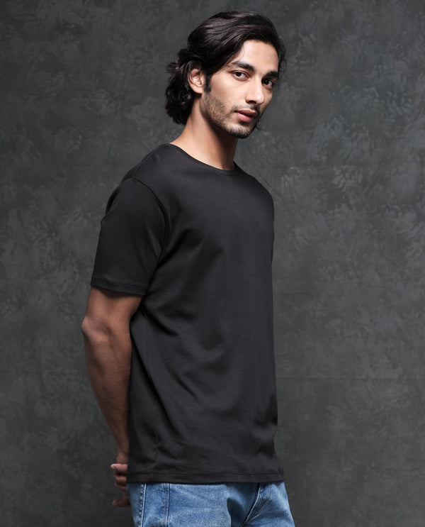 Rare Rabbit Men's Gis-1 Black Cotton Fabric Crew Neck Half Sleeves Regular Fit Solid T-Shirt