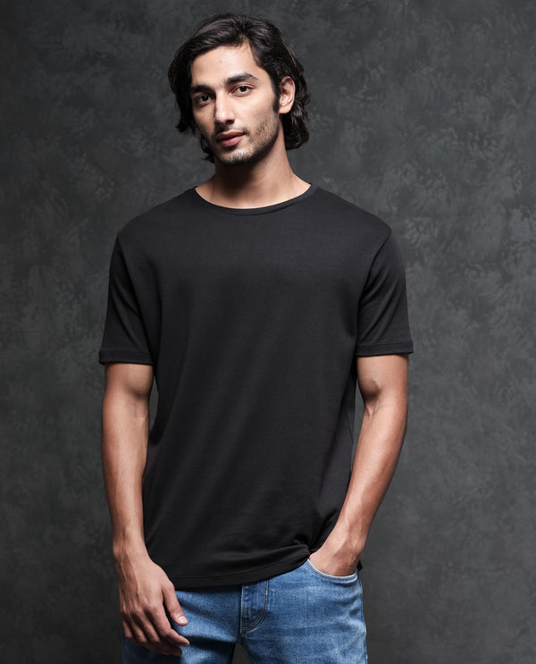 Rare Rabbit Men's Gis-1 Black Cotton Fabric Crew Neck Half Sleeves Regular Fit Solid T-Shirt