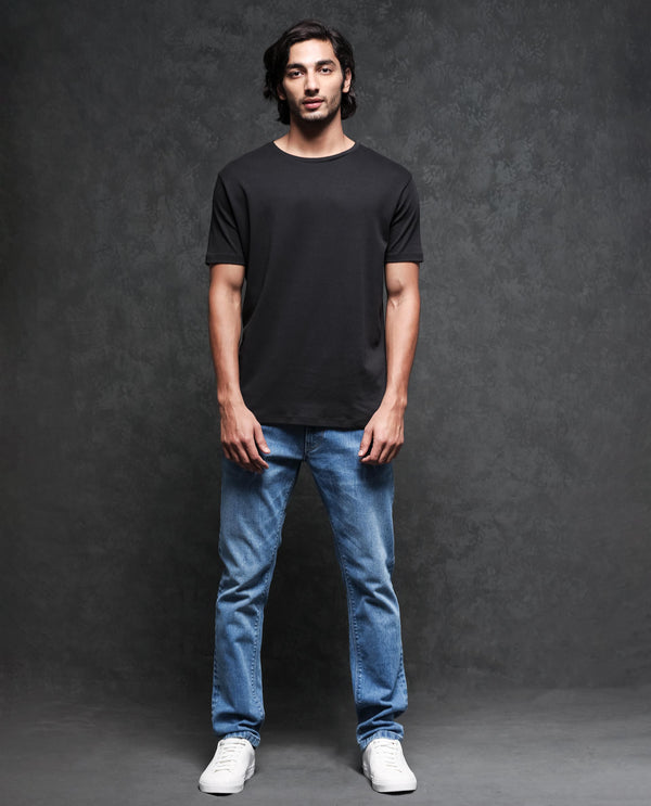 Rare Rabbit Men's Gis-1 Black Cotton Fabric Crew Neck Half Sleeves Regular Fit Solid T-Shirt