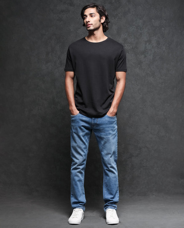 Rare Rabbit Men's Gis-1 Black Cotton Fabric Crew Neck Half Sleeves Regular Fit Solid T-Shirt
