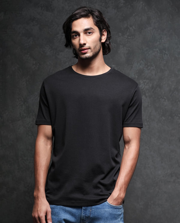 Rare Rabbit Men's Gis-1 Black Cotton Fabric Crew Neck Half Sleeves Regular Fit Solid T-Shirt