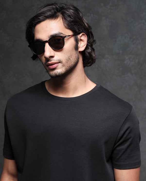 Rare Rabbit Men's Gis-1 Black Cotton Fabric Crew Neck Half Sleeves Regular Fit Solid T-Shirt
