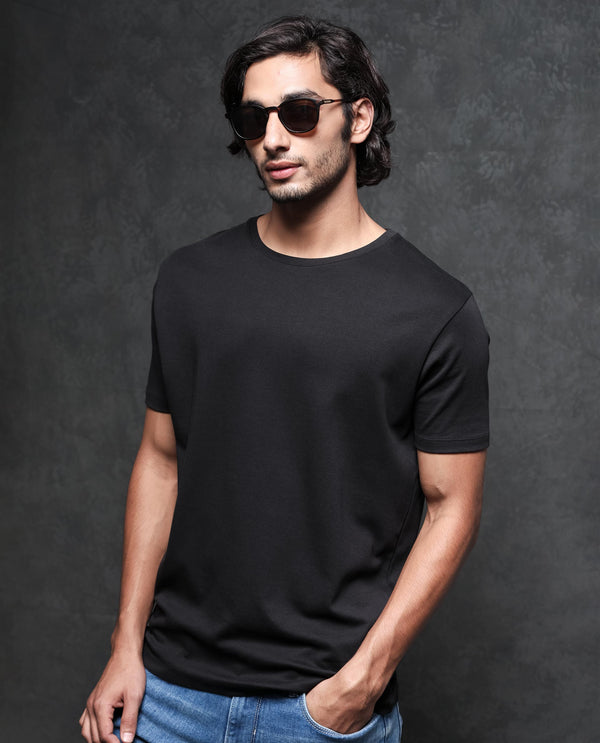 Rare Rabbit Men's Gis-1 Black Cotton Fabric Crew Neck Half Sleeves Regular Fit Solid T-Shirt