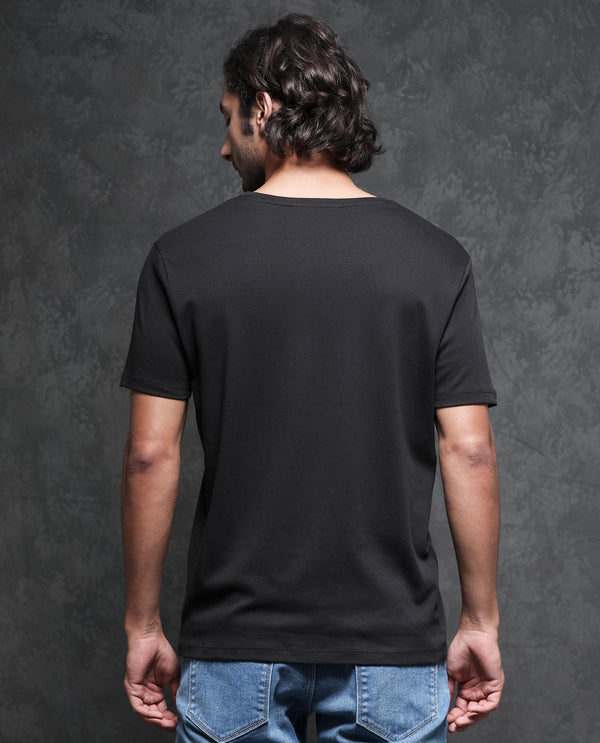 Rare Rabbit Men's Gis-1 Black Cotton Fabric Crew Neck Half Sleeves Regular Fit Solid T-Shirt