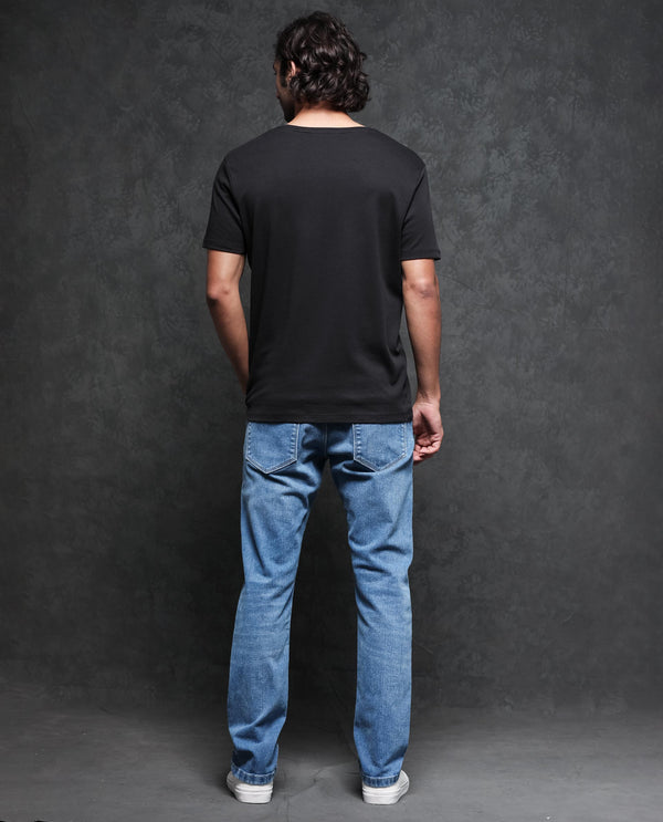 Rare Rabbit Men's Gis-1 Black Cotton Fabric Crew Neck Half Sleeves Regular Fit Solid T-Shirt