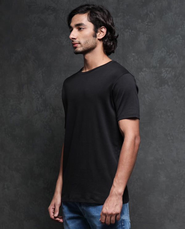Rare Rabbit Men's Gis-1 Black Cotton Fabric Crew Neck Half Sleeves Regular Fit Solid T-Shirt