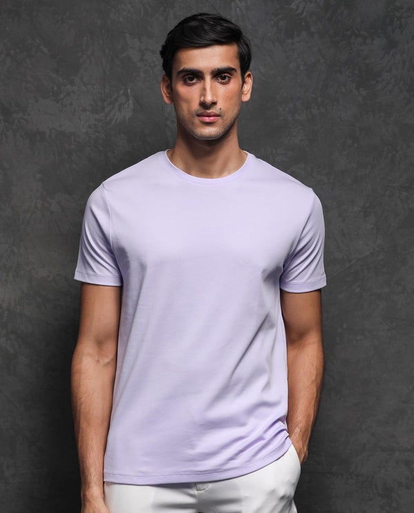 Rare Rabbit Men's Gis Pastel Purple Cotton Fabric Crew Neck Half Sleeves Regular Fit Solid T-Shirt