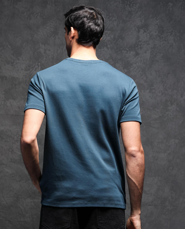 Rare Rabbit Men's Gis Petrol Cotton Fabric Crew Neck Half Sleeves Regular Fit Solid T-Shirt