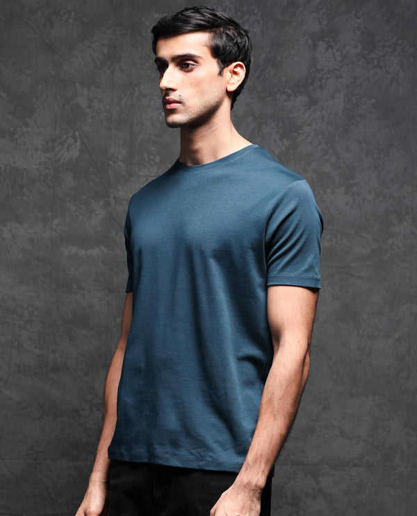 Rare Rabbit Men's Gis Petrol Cotton Fabric Crew Neck Half Sleeves Regular Fit Solid T-Shirt