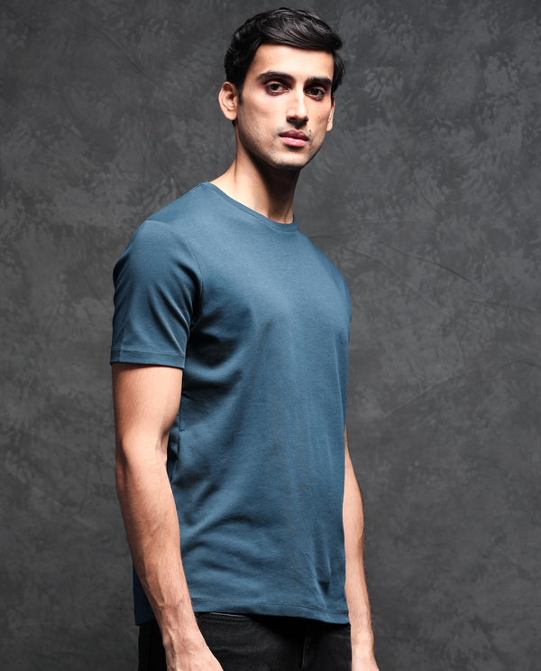 Rare Rabbit Men's Gis Petrol Cotton Fabric Crew Neck Half Sleeves Regular Fit Solid T-Shirt