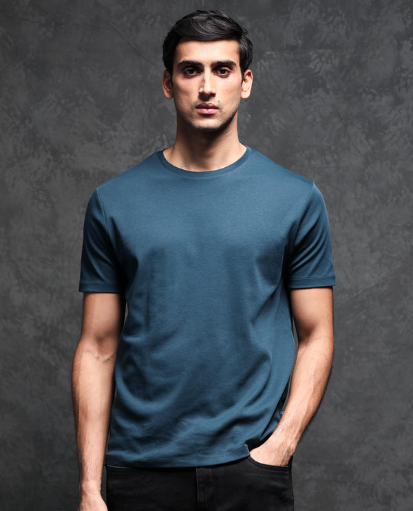 Rare Rabbit Men's Gis Petrol Cotton Fabric Crew Neck Half Sleeves Regular Fit Solid T-Shirt
