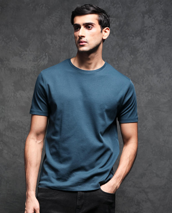 Rare Rabbit Men's Gis Petrol Cotton Fabric Crew Neck Half Sleeves Regular Fit Solid T-Shirt