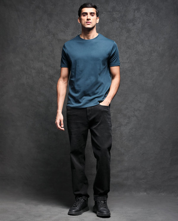 Rare Rabbit Men's Gis Petrol Cotton Fabric Crew Neck Half Sleeves Regular Fit Solid T-Shirt