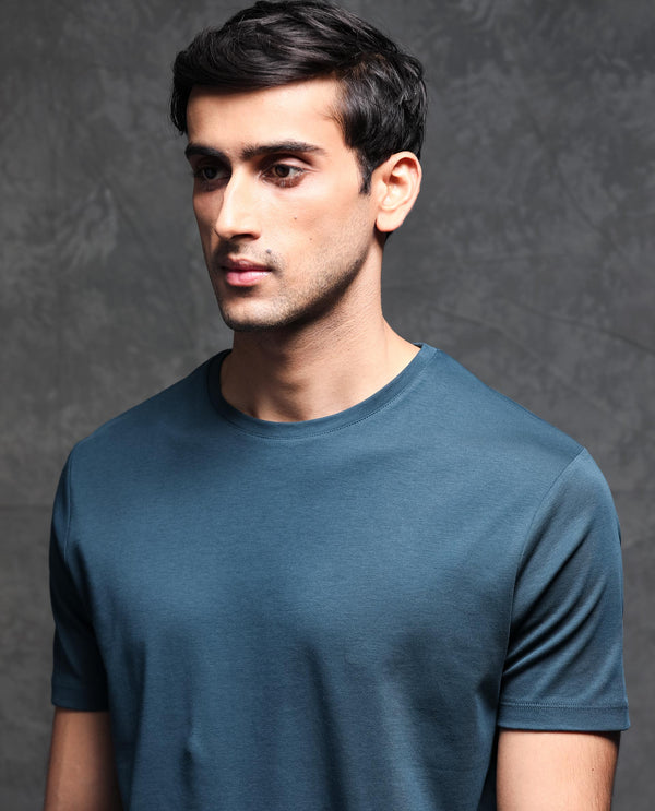 Rare Rabbit Men's Gis Petrol Cotton Fabric Crew Neck Half Sleeves Regular Fit Solid T-Shirt