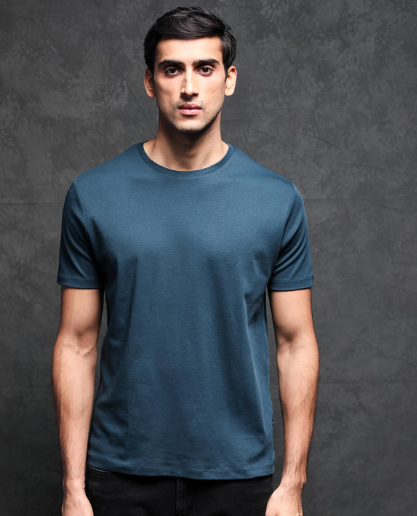 Rare Rabbit Men's Gis Petrol Cotton Fabric Crew Neck Half Sleeves Regular Fit Solid T-Shirt