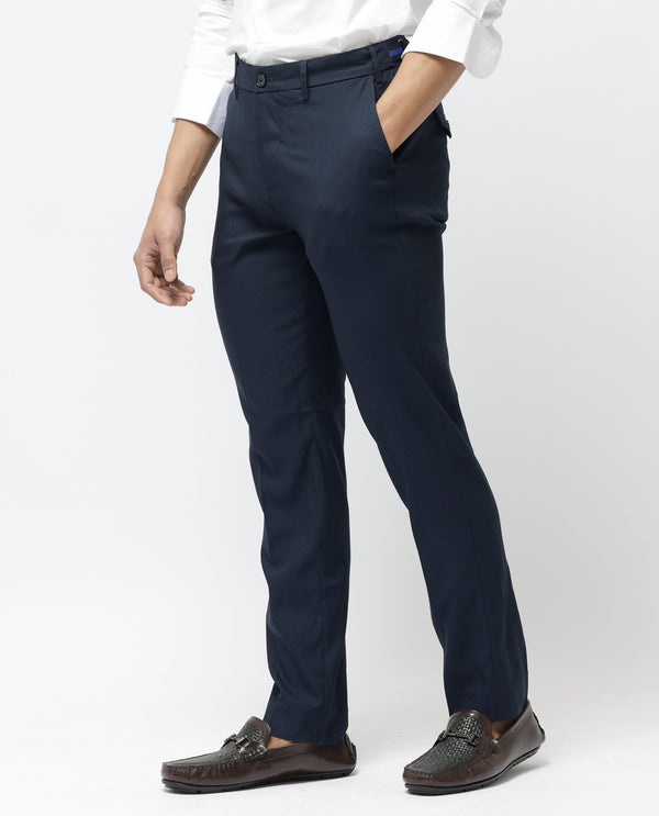 Rare Rabbit Men's Glade-1 Navy Solid Mid-Rise Regular Fit Trousers