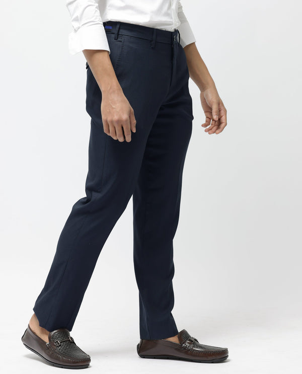 Rare Rabbit Men's Glade-1 Navy Solid Mid-Rise Regular Fit Trousers