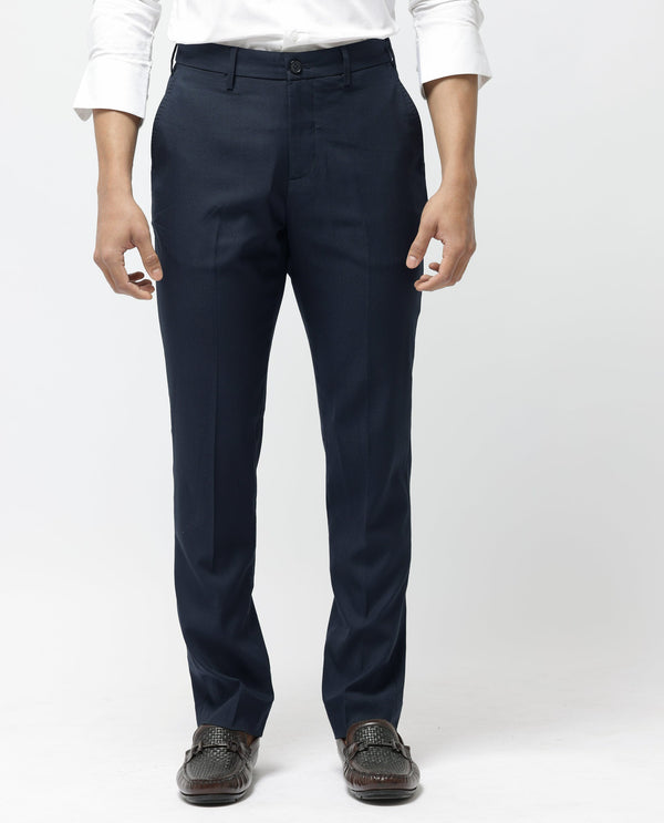 Rare Rabbit Men's Glade-1 Navy Solid Mid-Rise Regular Fit Trousers