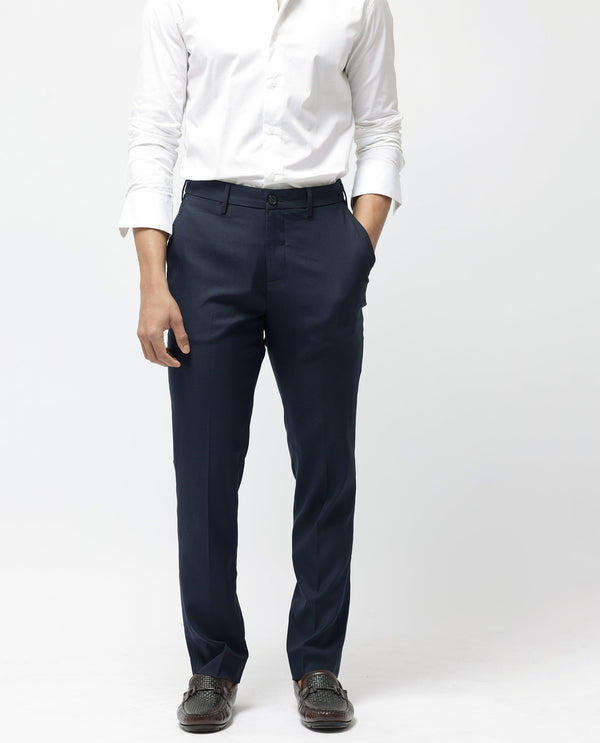 Rare Rabbit Men's Glade-1 Navy Solid Mid-Rise Regular Fit Trousers