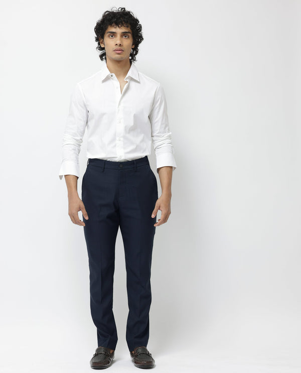 Rare Rabbit Men's Glade-1 Navy Solid Mid-Rise Regular Fit Trousers