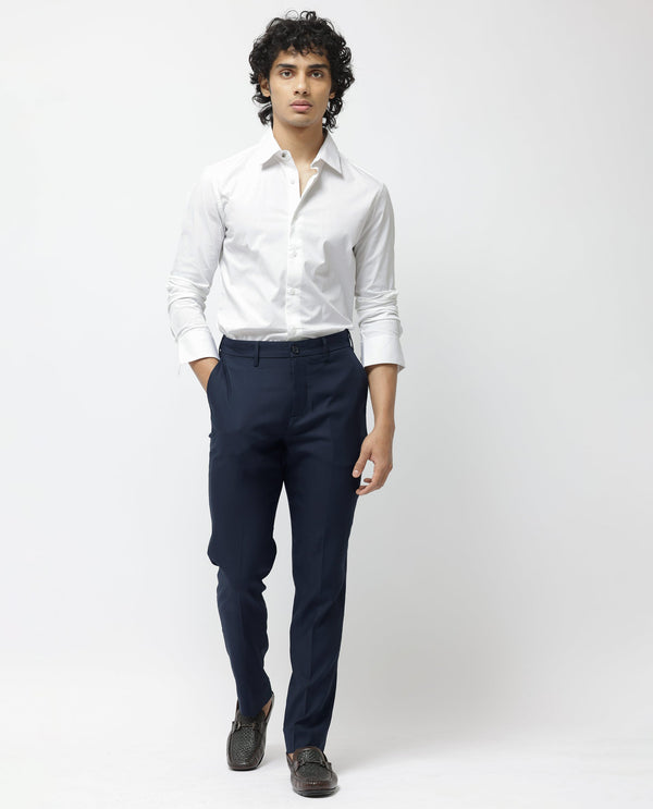 Rare Rabbit Men's Glade-1 Navy Solid Mid-Rise Regular Fit Trousers