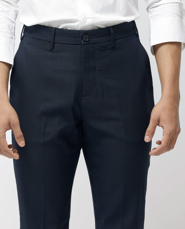 Rare Rabbit Men's Glade-1 Navy Solid Mid-Rise Regular Fit Trousers