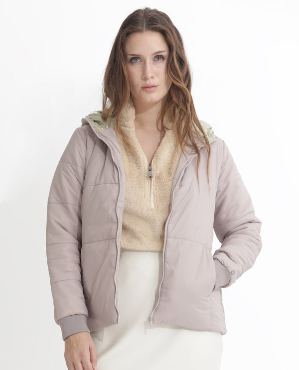 Rareism Women Glasha Hls Silver Polyester Fabric Full Sleeves Solid Hooded Jacket