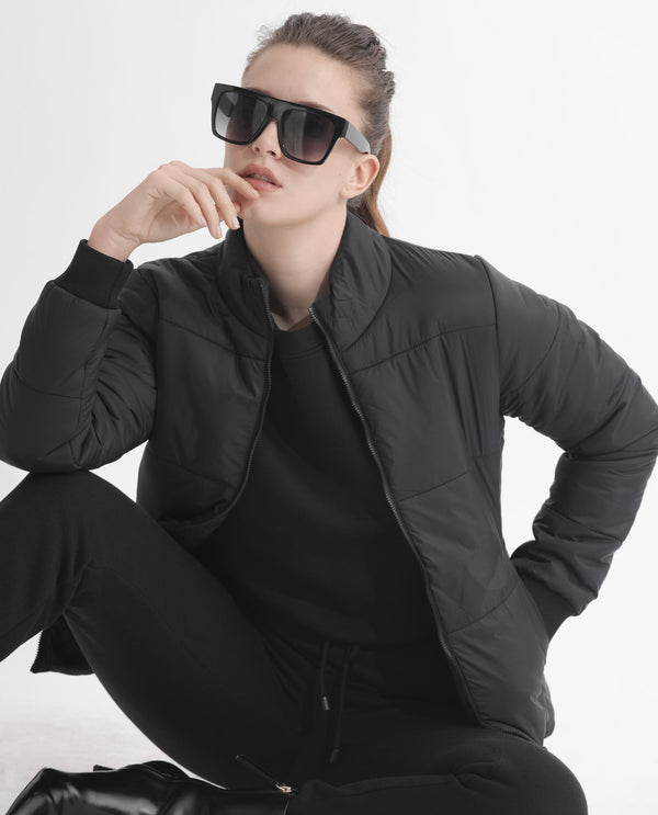 Rareism Women Glasha Ls Black Polyester Fabric Full Sleeves Solid High Neck Jacket