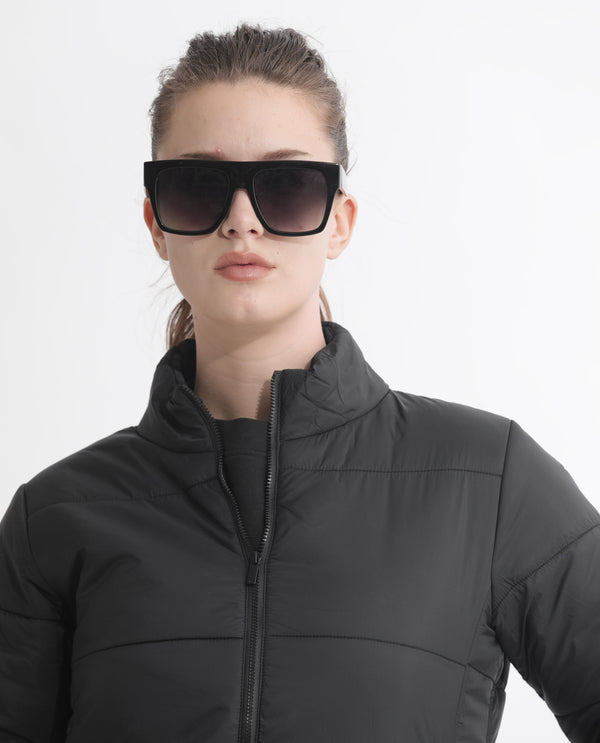 Rareism Women Glasha Ls Black Polyester Fabric Full Sleeves Solid High Neck Jacket
