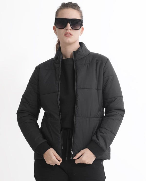Rareism Women Glasha Ls Black Polyester Fabric Full Sleeves Solid High Neck Jacket