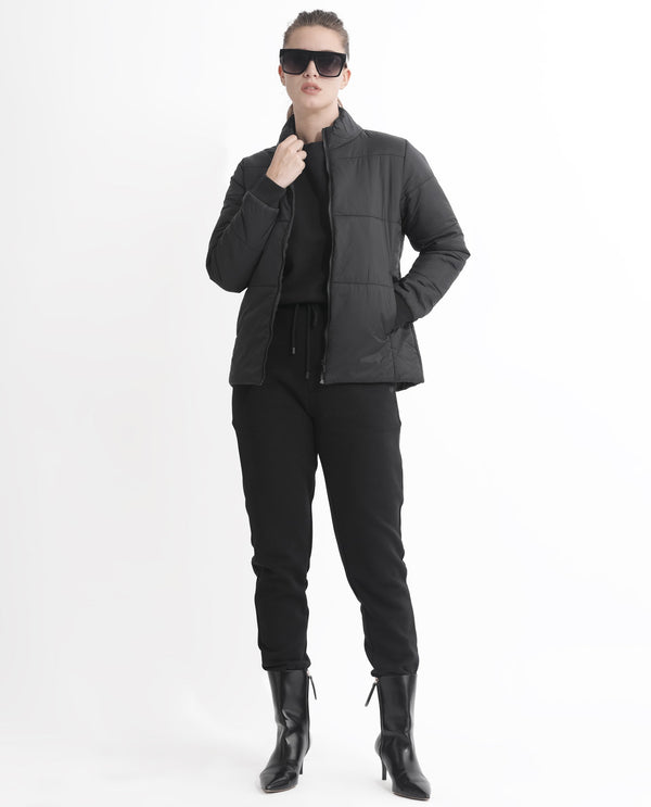 Rareism Women Glasha Ls Black Polyester Fabric Full Sleeves Solid High Neck Jacket