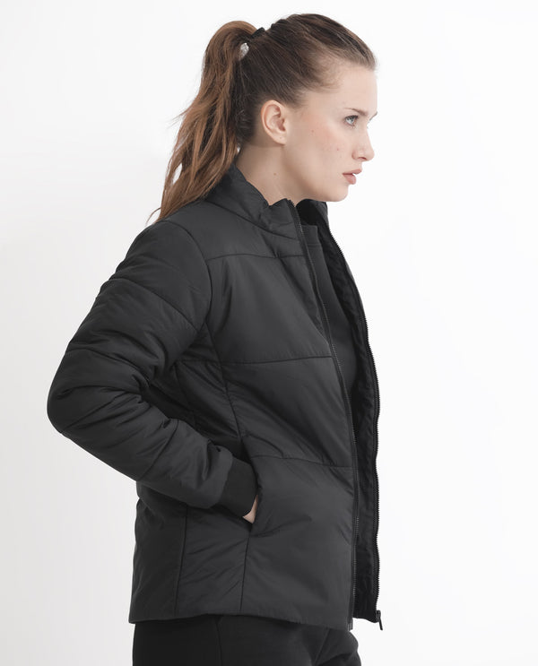 Rareism Women Glasha Ls Black Polyester Fabric Full Sleeves Solid High Neck Jacket