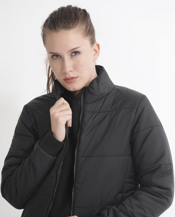 Rareism Women Glasha Ls Black Polyester Fabric Full Sleeves Solid High Neck Jacket