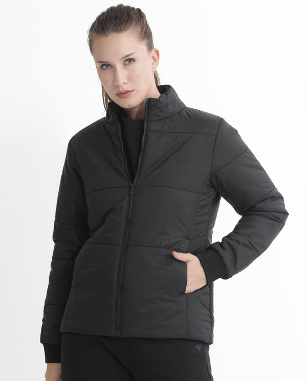 Rareism Women Glasha Ls Black Polyester Fabric Full Sleeves Solid High Neck Jacket