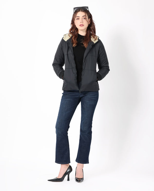 Rareism Women Glasha Hls Black Polyester Fabric Full Sleeves Solid Hooded Jacket