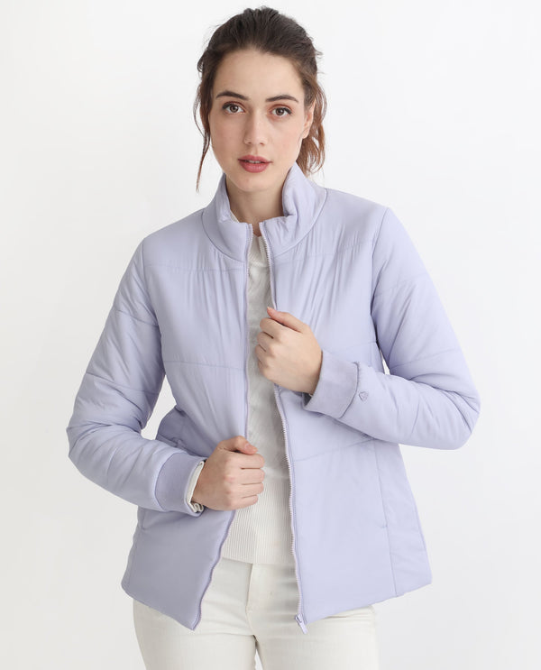 Rareism Women Glasha Ls Purple Polyester Fabric Full Sleeves Zip Closure High Neck Regular Fit Plain Jacket