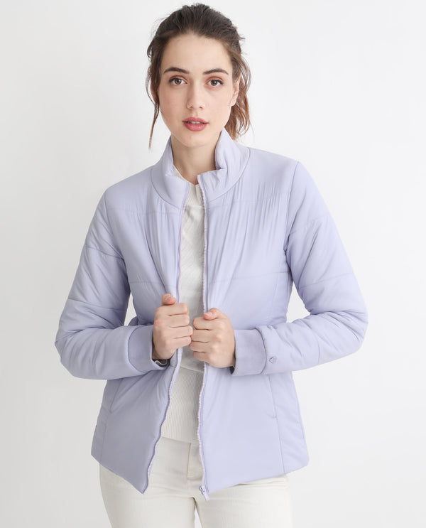 Rareism Women Glasha Ls Purple Polyester Fabric Full Sleeves Zip Closure High Neck Regular Fit Plain Jacket
