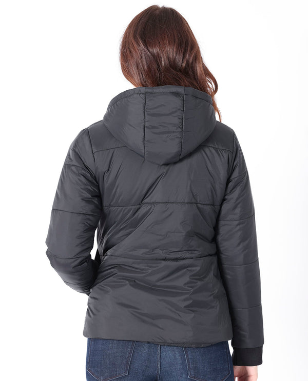 Rareism Women Glasha Hls Black Polyester Fabric Full Sleeves Solid Hooded Jacket