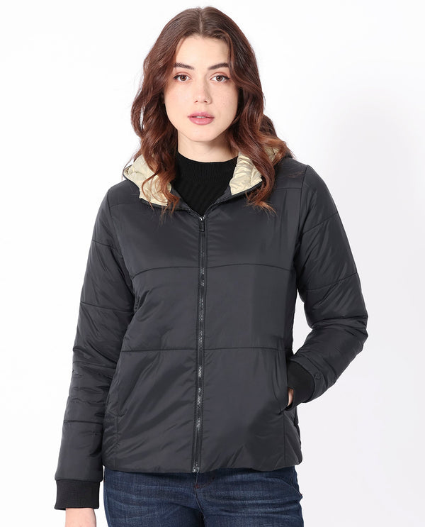 Rareism Women Glasha Hls Black Polyester Fabric Full Sleeves Solid Hooded Jacket
