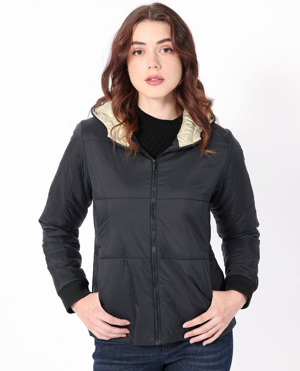 Rareism Women Glasha Hls Black Polyester Fabric Full Sleeves Solid Hooded Jacket
