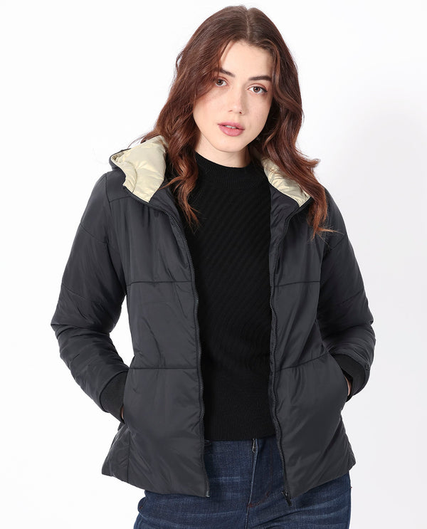 Rareism Women Glasha Hls Black Polyester Fabric Full Sleeves Solid Hooded Jacket